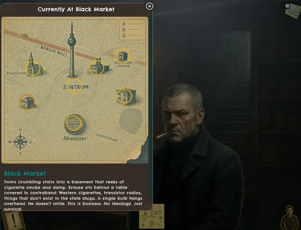 Map menu open at black market, a scene from Escape From Berlin